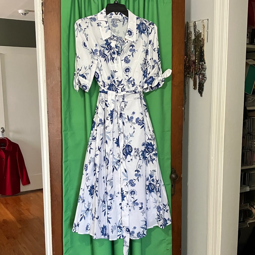 Calvin Klein White Midi Shirt Dress with Blue Floral Print